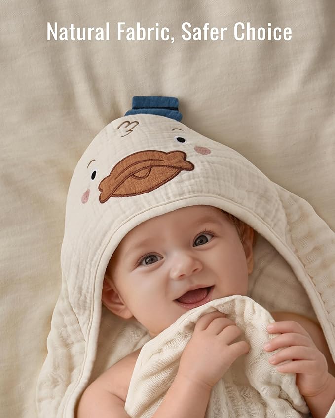 Blissful Diary Muslin Baby Hooded Towel 1 Pack, Soft & Absorbent Bath Towel for Infant, Toddler, Unisex, Baby Gift, Newborn Essentials, Dapper Duck