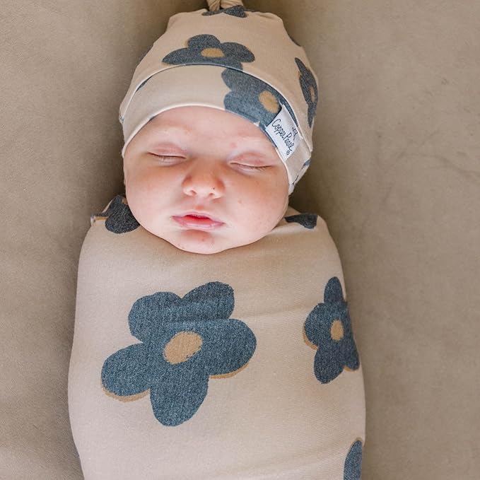Copper Pearl Baby Beanie Hat Top Knot Stretchy Soft Gemma in Tan