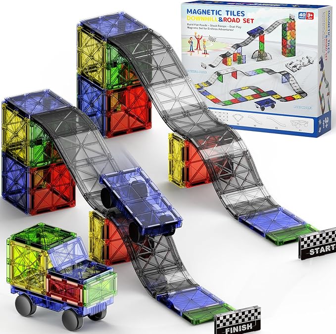 2-in-1 Dynamic Magnetic Downhill & Race Track Set - 40PCS Expandable Magnetic Tiles with Car for Creative STEM Play The Ultimate Travel Toy & Gift for Kids Ages 3-8