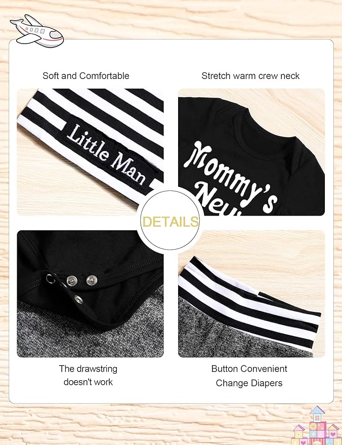 Fommy Newborn Baby Boy Clothes New to The Crew Letter Print Romper+ Pants+Hat 3PCS Outfit