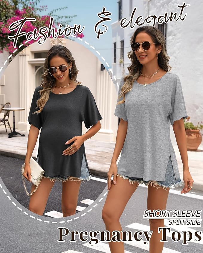 Riyiper 3 Pack Women's Maternity Tunic Shirts Cotton Summer Pregnancy Clothes Loose Oversized Split Side Blouse Tops