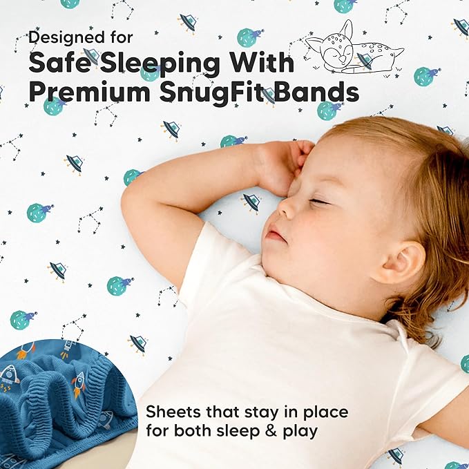 Pack and Play Sheets Fitted - 2-Pack Mini Crib Sheets for Pack N Play Mattress 38x26, Soft & Cozy, Neutral Toddler Playard Bedding, Snug Fitted Mini Baby Crib Mattress Cover Boy, Girl (Space Quest)
