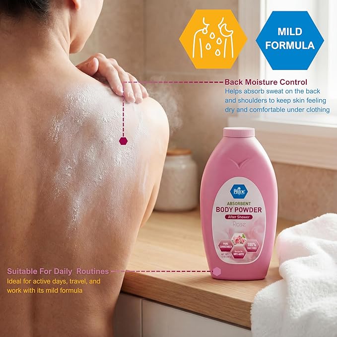 MED PRIDE Talc Free Cornstarch Body Powder with Rose Scent, Moisture Absorbing Skin Care for Daily Freshness, Cruelty Free Formula, 13 Ounce Bottle