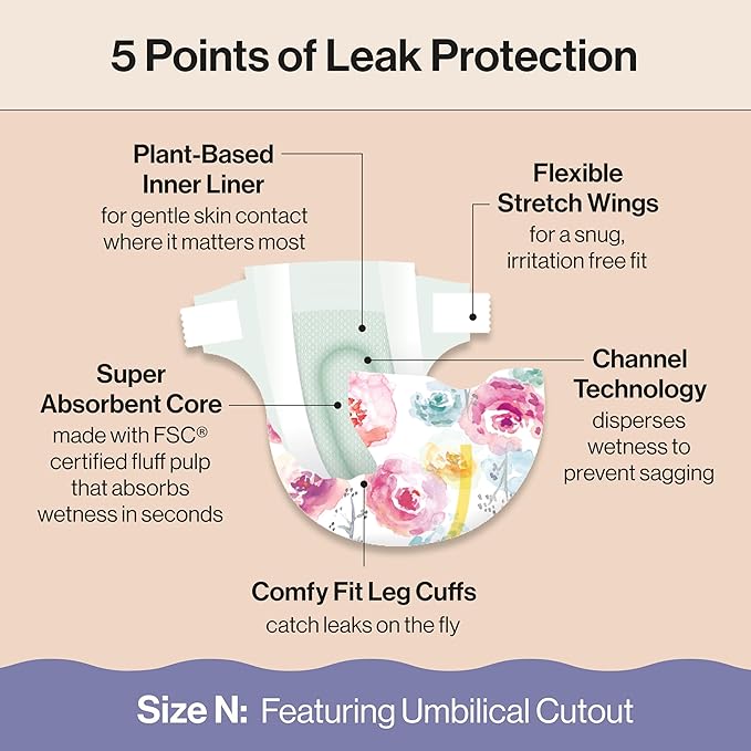 The Honest Company Comfort Dry Disposable Diapers for Sensitive Skin, Hypoallergenic, Rose Blossom + Tutu Cute, Club Box Size Newborn 72 Count