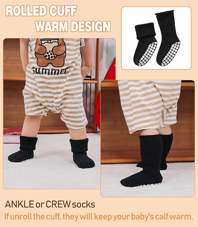 LANLEO Baby Girls Boys Non Slip Socks with Grips Toddler Kids Unisex Warm Thick Cotton Ankle Crew Socks with Grippers