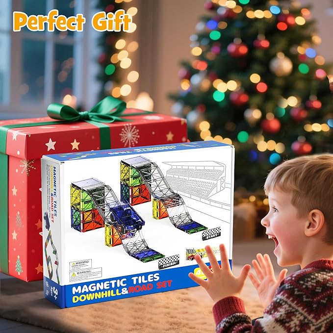 2-in-1 Dynamic Magnetic Downhill & Race Track Set - 40PCS Expandable Magnetic Tiles with Car for Creative STEM Play The Ultimate Travel Toy & Gift for Kids Ages 3-8