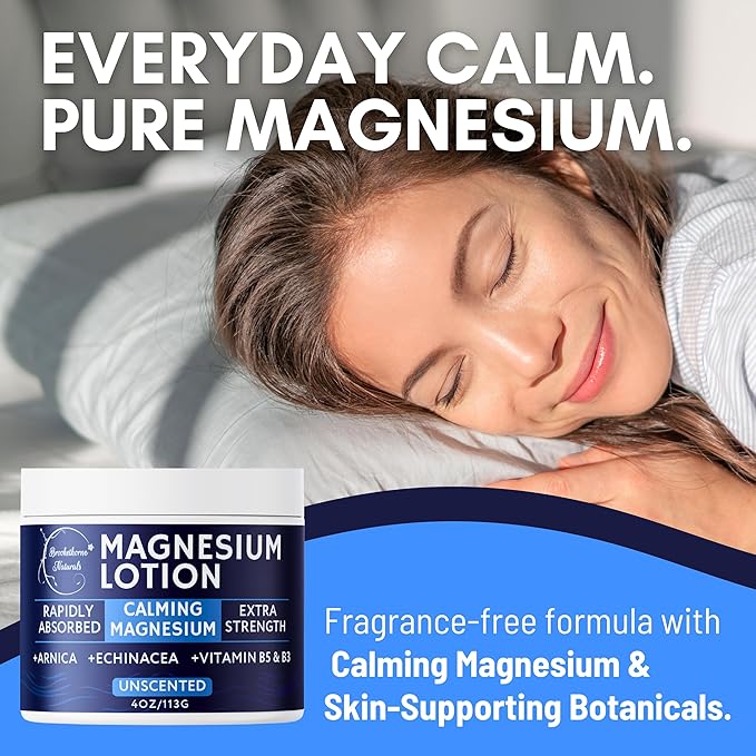 Calming Magnesium Lotion | Fragrance-Free Natural Magnesium Cream with Arnica, Echinacea & Vitamin B | Gentle Topical Lotion for sensitive skin | Hydrates & Soothes Skin | 4oz by Brookethorne Naturals