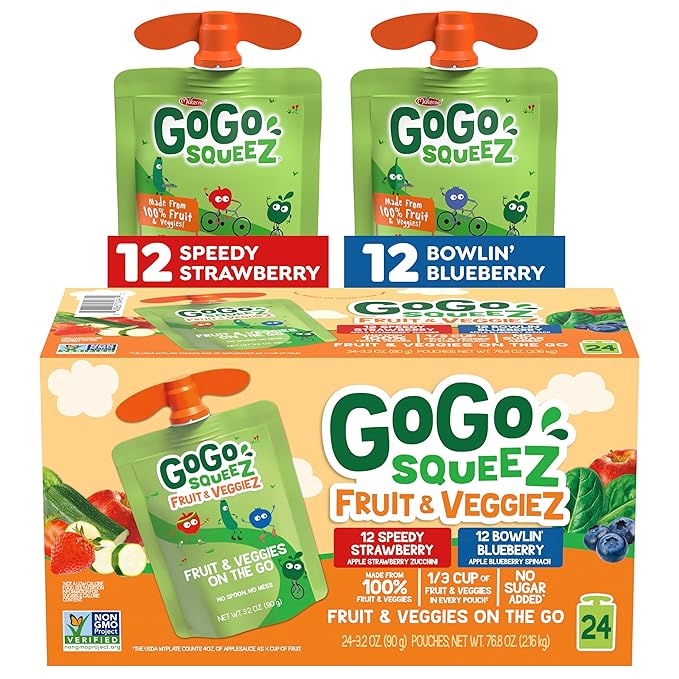 GoGo squeeZ Fruit & veggieZ Applesauce and Puree Variety Pack, Speedy Strawberry and Bowlin' Blueberry, 3.2 oz (Pack of 24), Unsweetened Snacks for Kids, BPA Free Pouches
