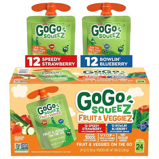GoGo squeeZ Fruit & veggieZ Applesauce and Puree Variety Pack, Speedy Strawberry and Bowlin' Blueberry, 3.2 oz (Pack of 24), Unsweetened Snacks for Kids, BPA Free Pouches