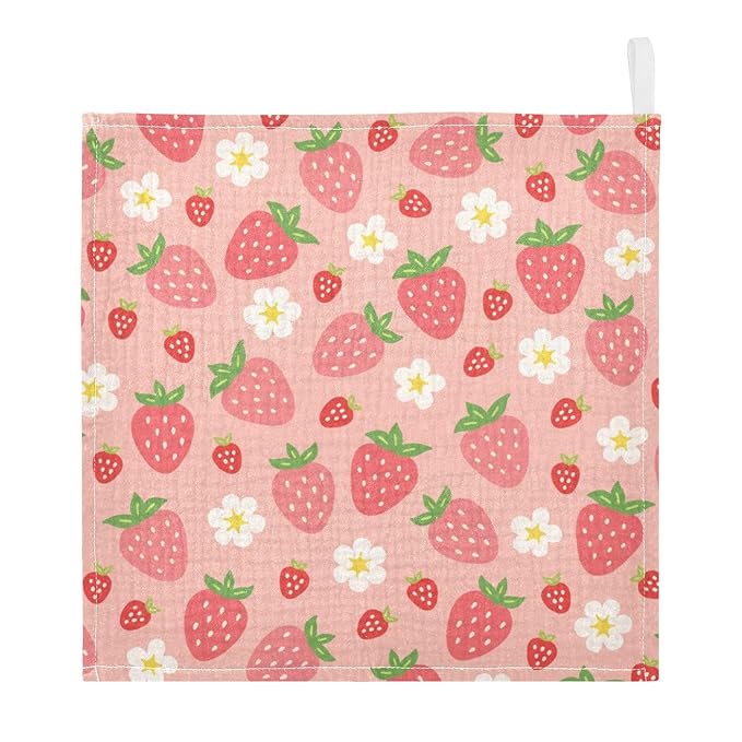 Strawberry Baby Muslin Washcloths 3 Pack, Absorbent Soft Cotton Baby Bath Face Towels Burp Cloths for Newborn Boys Girls, 12 x 12 Inch