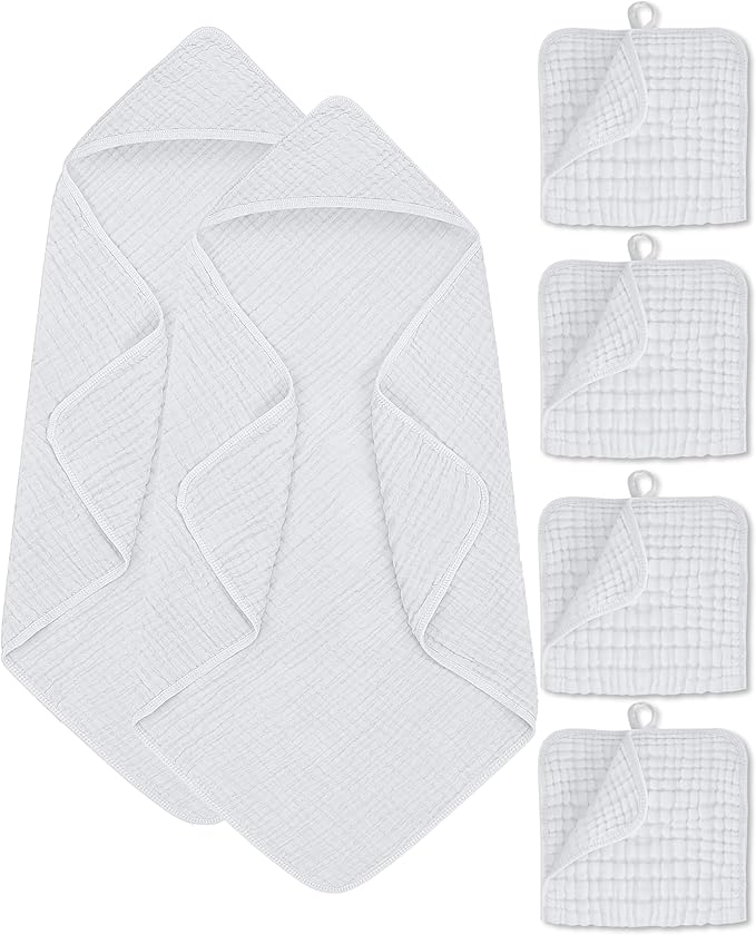 6Pcs Baby Muslin Hooded Bath Towels and Washcloths,32"x 32" Muslin Cotton Hooded Baby Towels for Newborn Shower