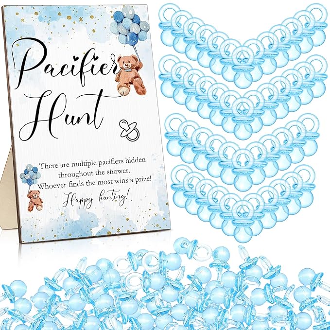 Roowest 51 Pcs Pacifier Hunt Baby Shower Game, Include Wooden Hunt Sign Bear Themed Baby Shower Sign Board with 50 Acrylic Pacifier Game for Gender Reveal Party(Blue)