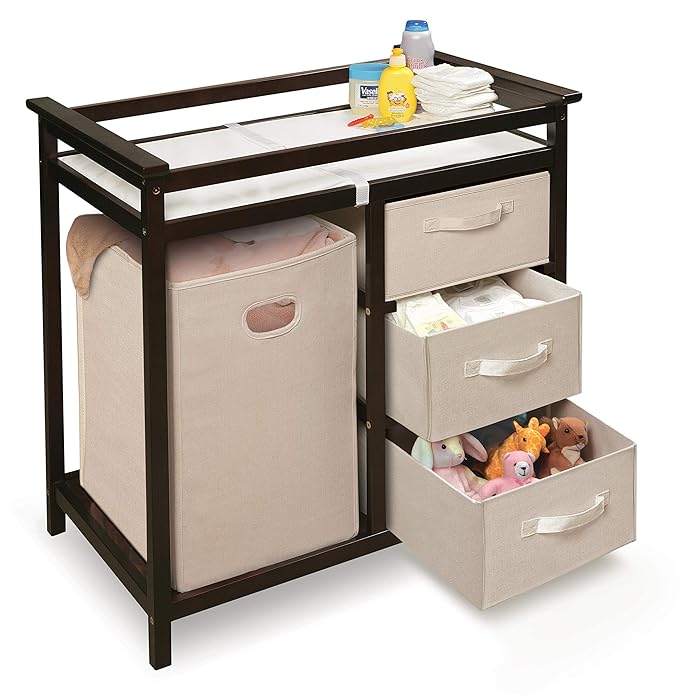 Badger Basket Modern Baby Changing Table for Nursery - Diaper Changing Station with Laundry Hamper, 3 Storage Drawers, Changing Pad, and Safety Belt - Espresso and Ecru
