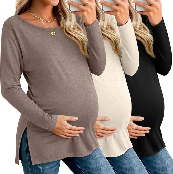 Riyiper 3 Pack Women's Maternity Long Sleeve T-Shirts Round Neck Side Split Tops Loose Casual Pregnancy Mama Clothes Fall