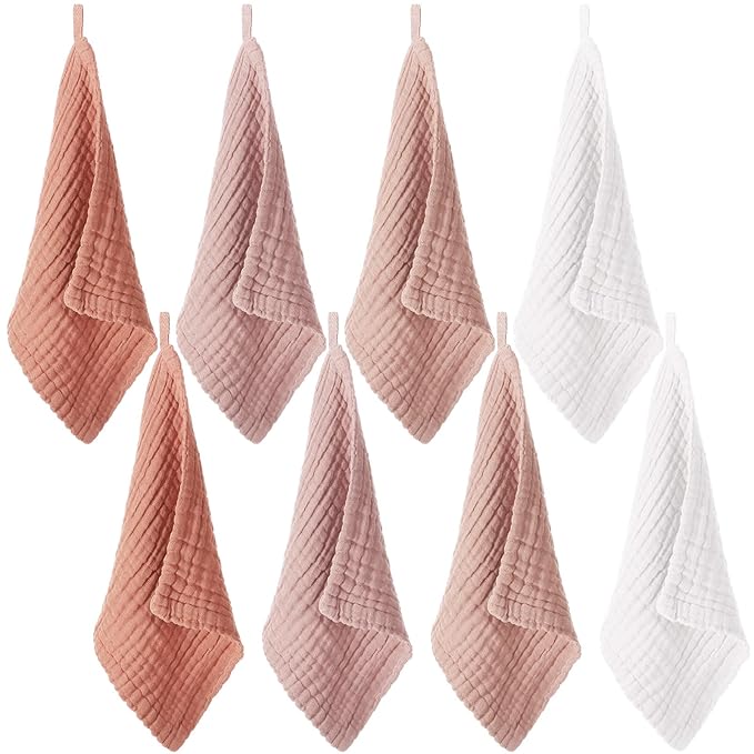8 Pcs Baby Washcloths for Newborn 12 x 12 Inch Muslin Face Towels Cotton Absorbent for Delicate Skin Soft Muslin Cloth Reusable Baby Registry as Shower Gift, 4 Colors (Pink Color)