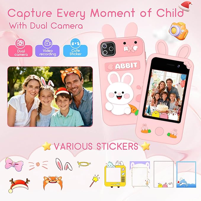 Kids Smart Phone Toy - Toddler Cell Phone 2.8" Touchscreen Dual Camera with 20 Puzzle Games, Safe No WiFi for Kids 3-6, Educational Play Phone, Durable for 5 Year Old Boys Girls (Pink)