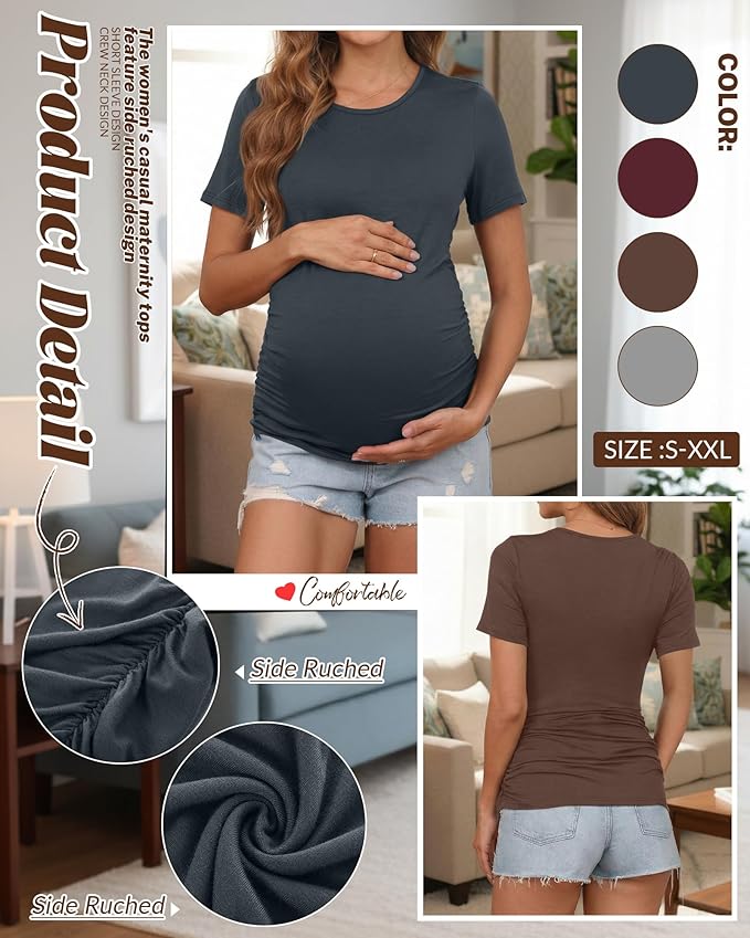 Huukeay 4 Pack Women's Maternity Shirts, Crew Neck Maternity Top Short Sleeve Casual Cotton Tee Side Ruched Pregnancy Clothes