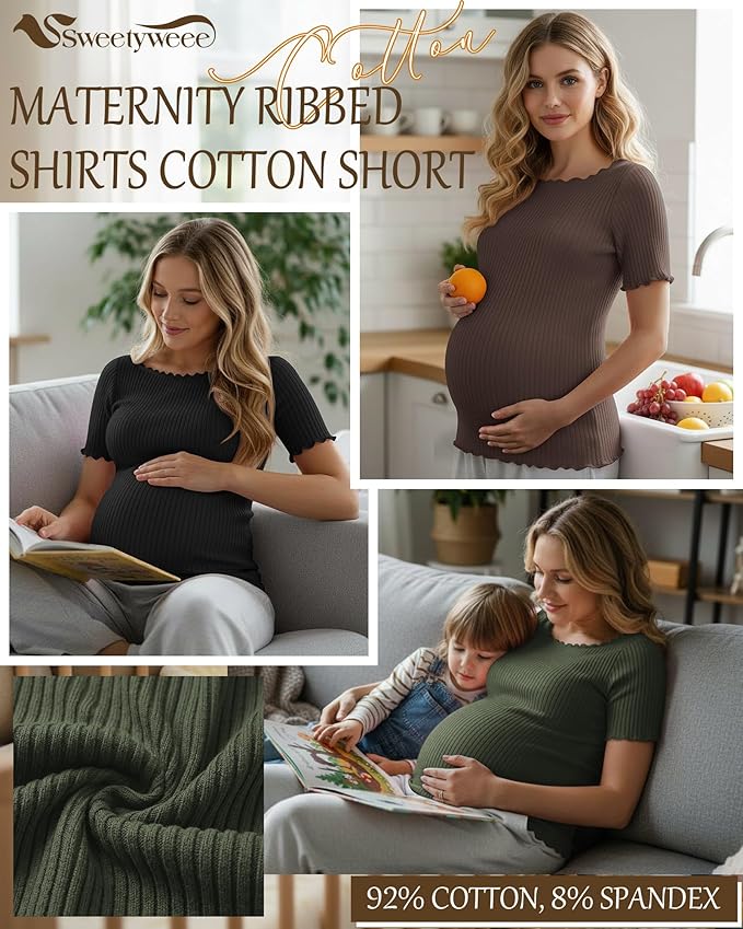 3 Pack Women's Maternity Ribbed Shirts Cotton Short Sleeve Pregnancy Tops Boat Neck Lettuce Trim Mama Clothes