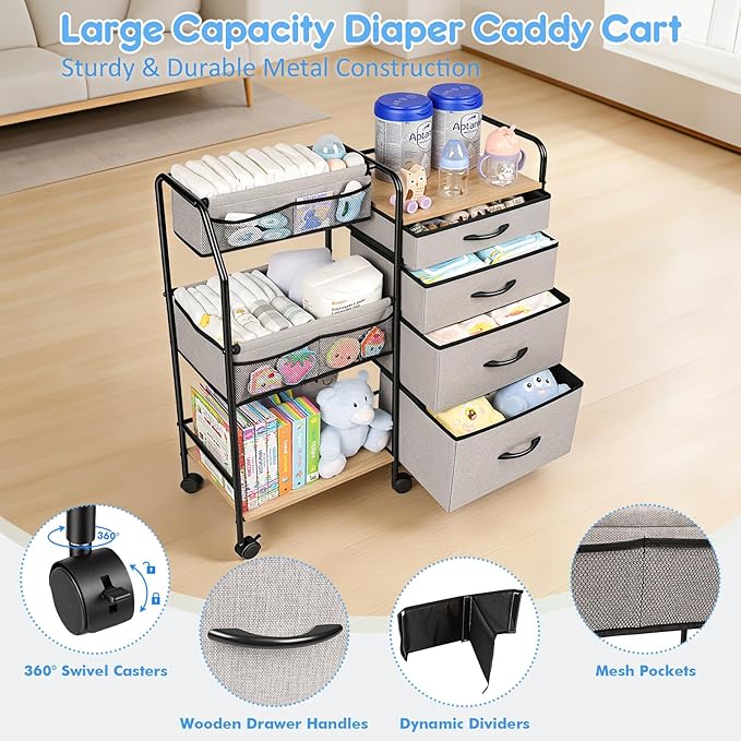 Fabuday Baby Diaper Caddy Organizer Cart - 4 Tier Rolling Diaper Cart with Wheels, Baby Essentials Organizers and Storage, Mobile Utility Carts for Bedside, Crib Nursery, Bedroom, Changing Table