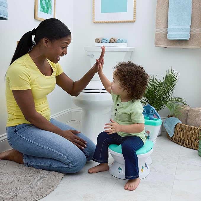 Bright Starts Disney Junior Stitch My Size Potty Training Toilet, Toddler Potty Chair with Flushing & Cheering Sounds, Removable Seat with Splash Guard & Handles, Ages 18+ Months, Up to 50 lbs