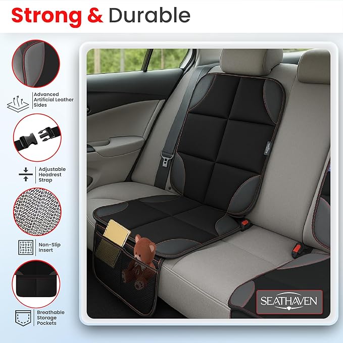 Car Seat Protector for Child Car Seat/Pets,Waterproof Non-Slip 600D Polyester Seat Protector Under Baby Seat, Car Seat Cover with Storage Pockets–Durable Easy to Clean-Universal Size