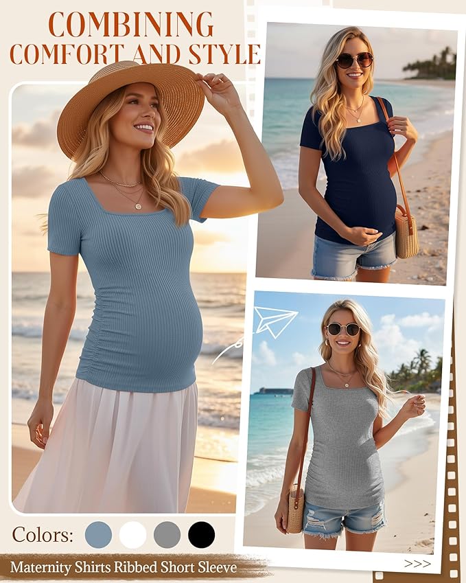 Huukeay 4 Pack Women's Maternity Shirts Cotton Ribbed Short Sleeve Square Neck Pregnancy Tops Side Ruched Summer Tee