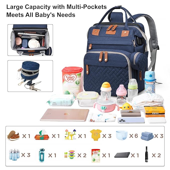 Baby Diaper Bags with Changing Station Multifunctional Waterproof Diaper Bag Backpack Travel Baby Bag with Changing Pad, Pacifier Case,Baby Essentials(Blue)