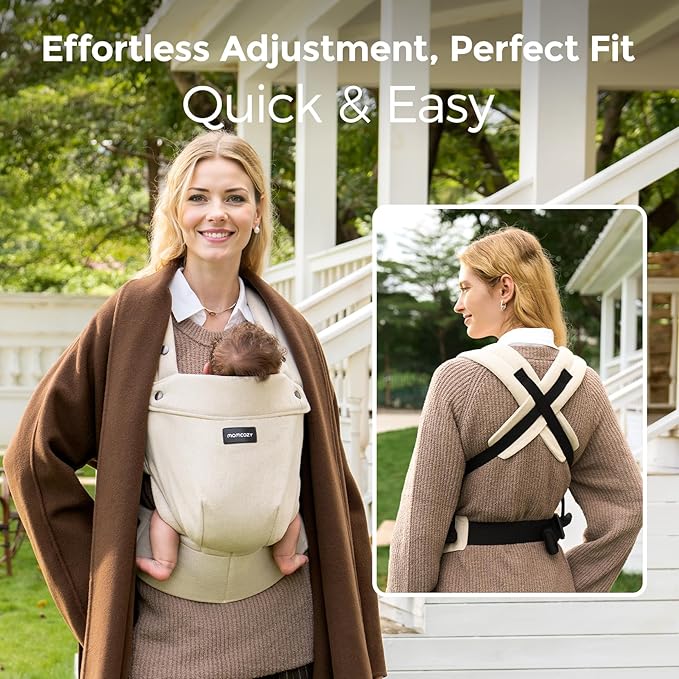 Momcozy Baby Carrier with Natural Cotton Linen, Built to Last, Ergonomic Design, 7-45lbs for Infant and Toddler, Lightweight and Comfortable, Hands-Free for Moms&Dads, Light Amber