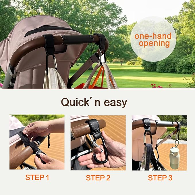 Stroller Hooks with Silicone Bottle Holders - 2 Pack Heavy Duty Aluminum Carabiner Clips & 2 Universal Silicone Grips for Water Bottles - Universal Organizer for Diaper Bags, Wheelchairs, Carts