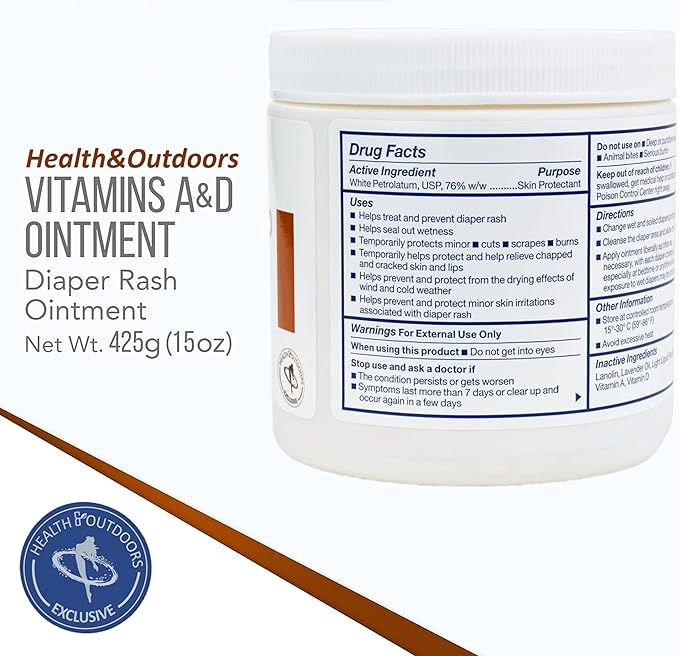 Vitamin A & D Ointment 15 Oz Jar, Skin Protectant for Diaper Rash, Cuts, Burns, Abrasions, Wounds and Scrapes