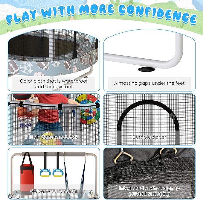 LAMERGE 55" 7-in-1 Round Trampoline for Kids Boys & Girls Ages 1-8, Indoor & Outdoor Trampoline for Fun, Adjustable Height Handrail ＆ Enclosed Safety Net ＆ Durable Designs for Toddlers Children