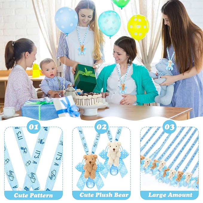 Remuuly 24 Pcs Baby Shower Pacifier Necklaces with Plush Bears Its a Boy Acrylic Pacifier Necklaces for Guest Baby Shower Games Party Favors Gender Reveal Prize Table Scatter Decorations