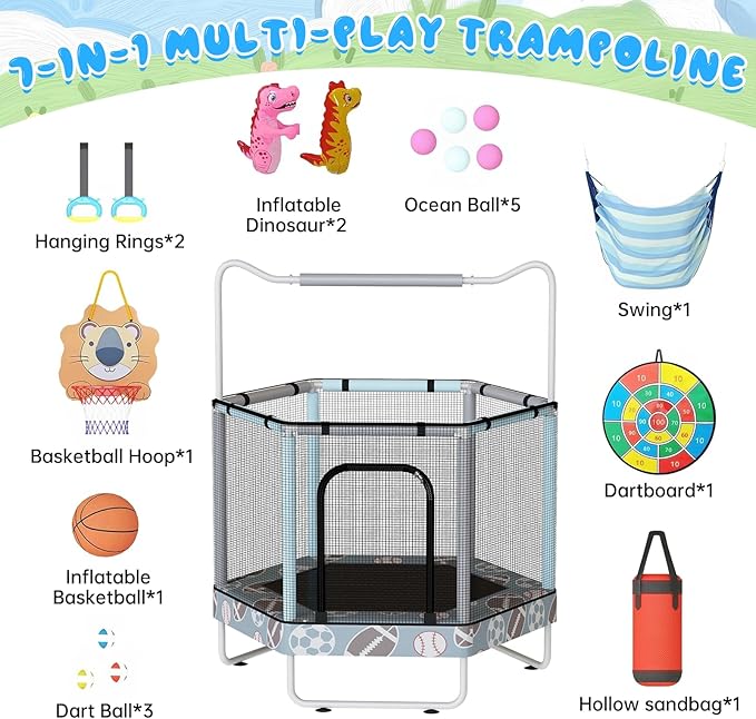 LAMERGE 55" 7-in-1 Round Trampoline for Kids Boys & Girls Ages 1-8, Indoor & Outdoor Trampoline for Fun, Adjustable Height Handrail ＆ Enclosed Safety Net ＆ Durable Designs for Toddlers Children