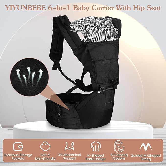 Baby Carrier 6-in-1 Newborn to Toddler,Hip Seat,Adjustable Detachable Infanti Carrier,for All Seasons & Positions,Shopping Travelling, Black