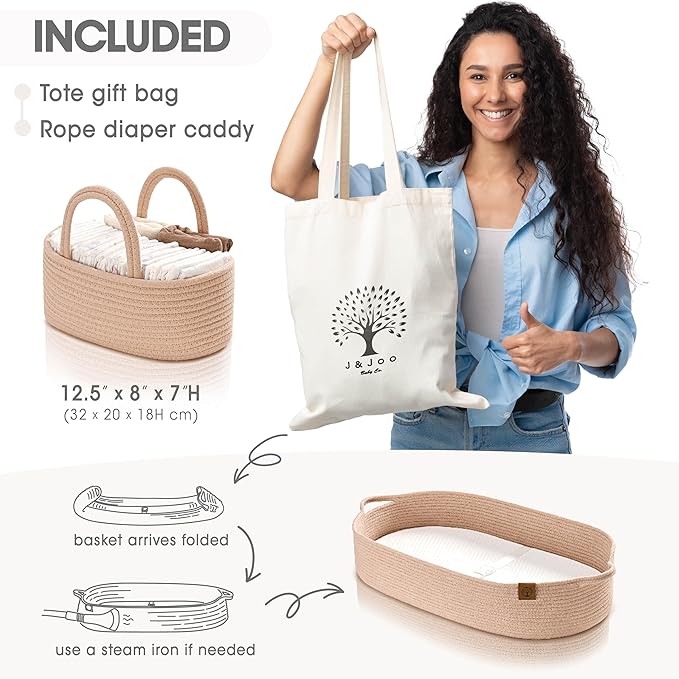 Baby Changing Basket Includes Diaper Caddy - Soft & Waterproof Dual-Cover, Portable, Changing Pad for Dresser & Changing Table, Gift for Baby Shower, Organic Cotton Rope