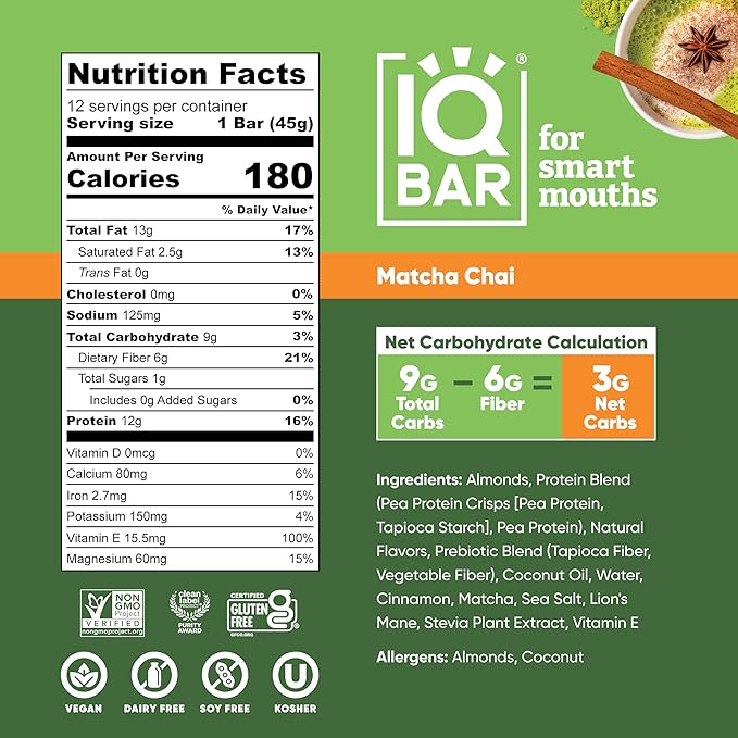 IQBAR Brain and Body Clean Plant Protein Bars - Matcha Chai - 24 Bars - Keto, Vegan, High Fiber, Gluten and Dairy Free, Low Sugar Snack with Nutrients for Focus, Energy, Meal Replacement