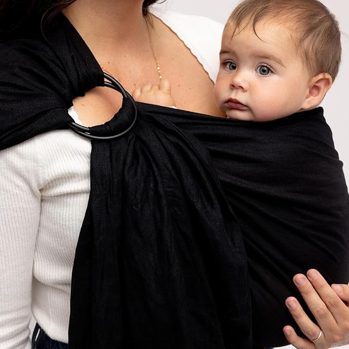 WildBird - Ring Sling Baby Carrier - 0-36 Months (up to 35 lbs) - Standard (74") Raven & Bronze Ring - Front, Hip or Back Carry - Adjustable Fit - Natural Linen - Baby Essentials - New Mom Gifts