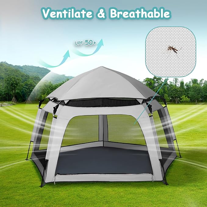 Baby Playpen Pop-up Tent - Outdoor & Indoor Play Tent for Beach with Canopy Travel Bag Portable Play Yard for Babies & Toddlers (Gray)
