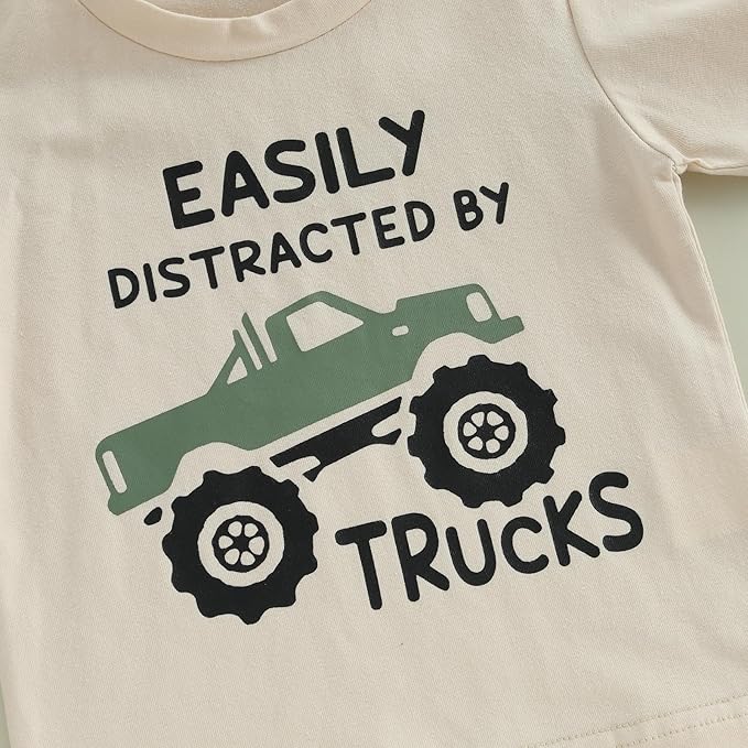 Toddler Baby Boy Clothes Summer Short Sleeve Trucks Tractors Print T-Shirt Tops Solid Color Shorts Set Casual Outfit