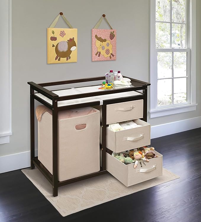 Badger Basket Modern Baby Changing Table for Nursery - Diaper Changing Station with Laundry Hamper, 3 Storage Drawers, Changing Pad, and Safety Belt - Espresso and Ecru
