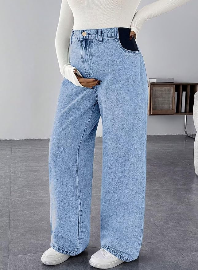 BLENCOT Maternity Jeans for Women High Waist Straight Leg Pregnancy Denim Pants with Pockets