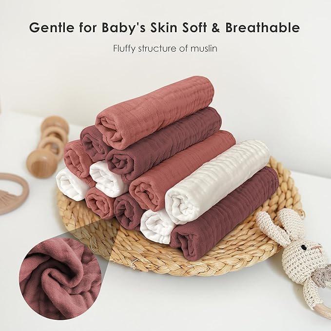Sunny zzzZZ Baby Muslin Washcloths -100% Cotton Muslin Soft Baby Bath Wash Cloths and Absorbent Burp Cloths for Newborns Kids Girls and Boys -12 Pack, 12x12 Inches - White+Deep Bean Paste Series