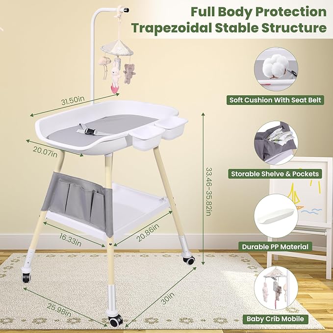Baby Changing Table, Adjustable Height Diaper Changing Station with Baby Crib Mobile, Changing Pad, Nursery Organizer and Large Storage Rack for Infant and Newborn