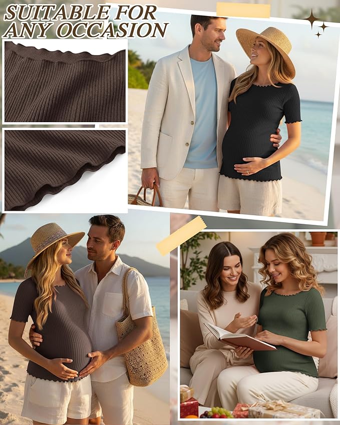 3 Pack Women's Maternity Ribbed Shirts Cotton Short Sleeve Pregnancy Tops Boat Neck Lettuce Trim Mama Clothes