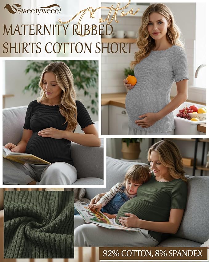 3 Pack Women's Maternity Ribbed Shirts Cotton Short Sleeve Pregnancy Tops Boat Neck Lettuce Trim Mama Clothes