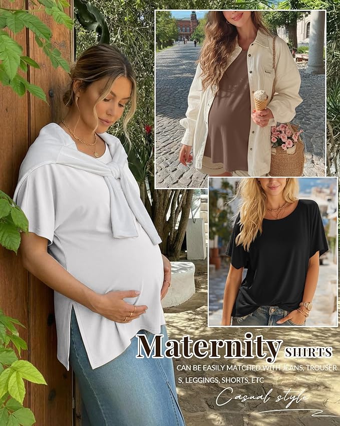 Riyiper 3 Pack Women's Maternity Tunic Shirts Cotton Summer Pregnancy Clothes Loose Oversized Split Side Blouse Tops