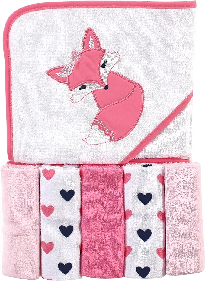 Luvable Friends Unisex Baby Hooded Towel with Five Washcloths, Foxy, One Size