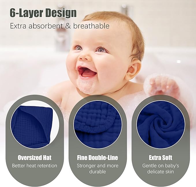 2 Pack Hooded Baby Towels - 100% Muslin Cotton for Newborns, Infants, Toddlers - Large 32x32 Inch Size - Highly Absorbent and Essential for Newborn Care, Deep Navy