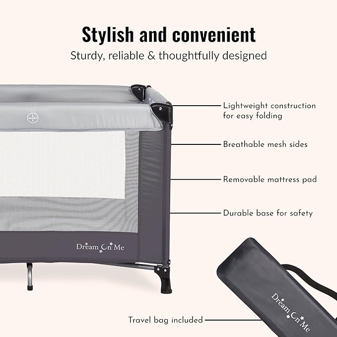 Dream On Me Nest Portable Playard , Award-Winning Lightweight Travel Playpen for Baby. Quick Fold, Mesh Sides, Foldable Mattress Pad, No-Tool Assembly, Meets ASTM/CPSC Standards -Grey