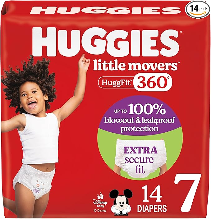 Huggies Size 7 Baby Diapers, Little Movers HuggFit 360° Baby Diapers with 360° Waistband, Size 7 (41+ lbs), 14 Count, Packaging May Vary